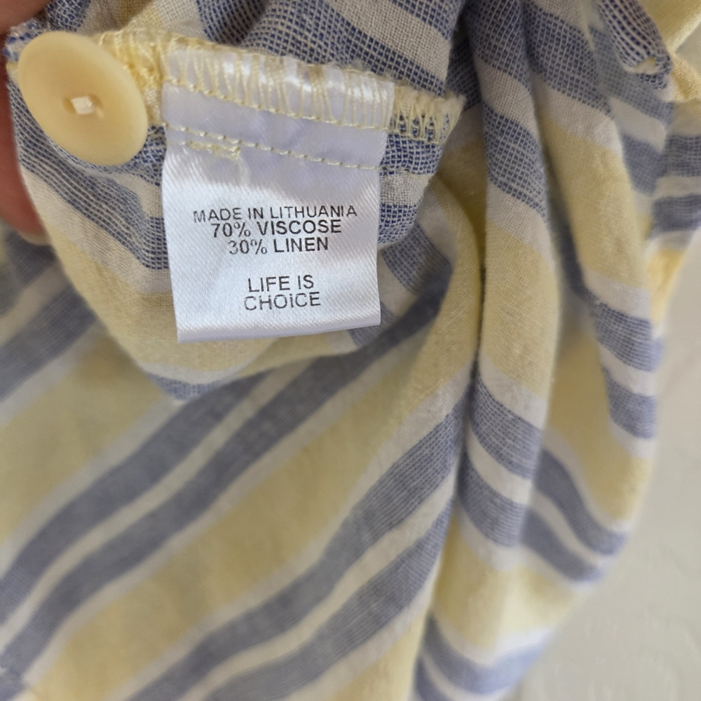 FLAX Viscose‎ Linen Blend Sleeveless Striped Shirt Butter Yellow Blue Size Small - Picture 6 of 7